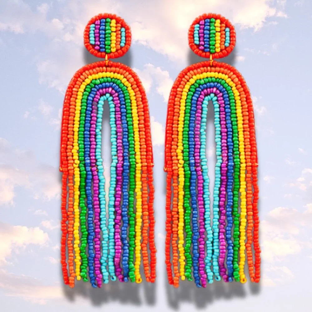 Sachin + Babi Extra Long 5 Inch Rainbow Day Fringe Seed Beaded Earrings NEW